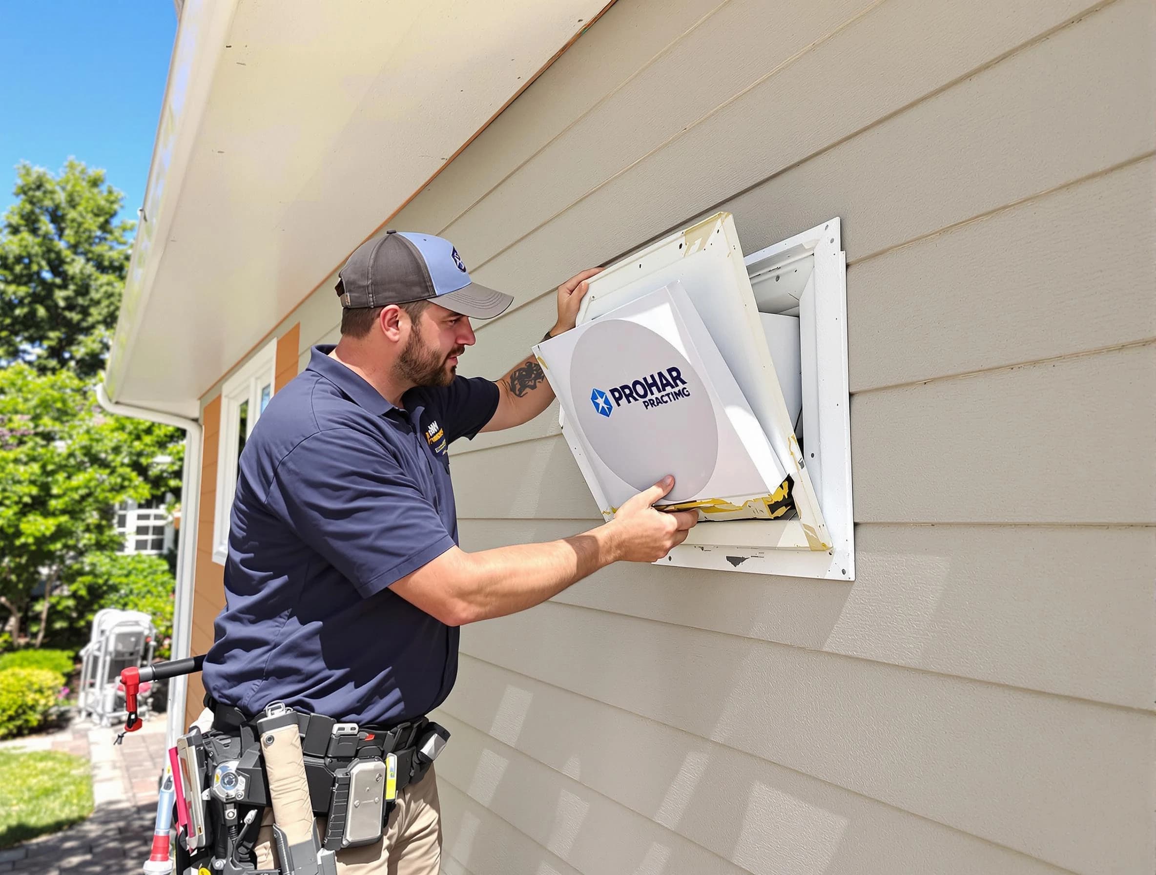 Piedmont Dryer Vent Cleaning technician installing a new protective dryer vent cover on a home in Piedmont