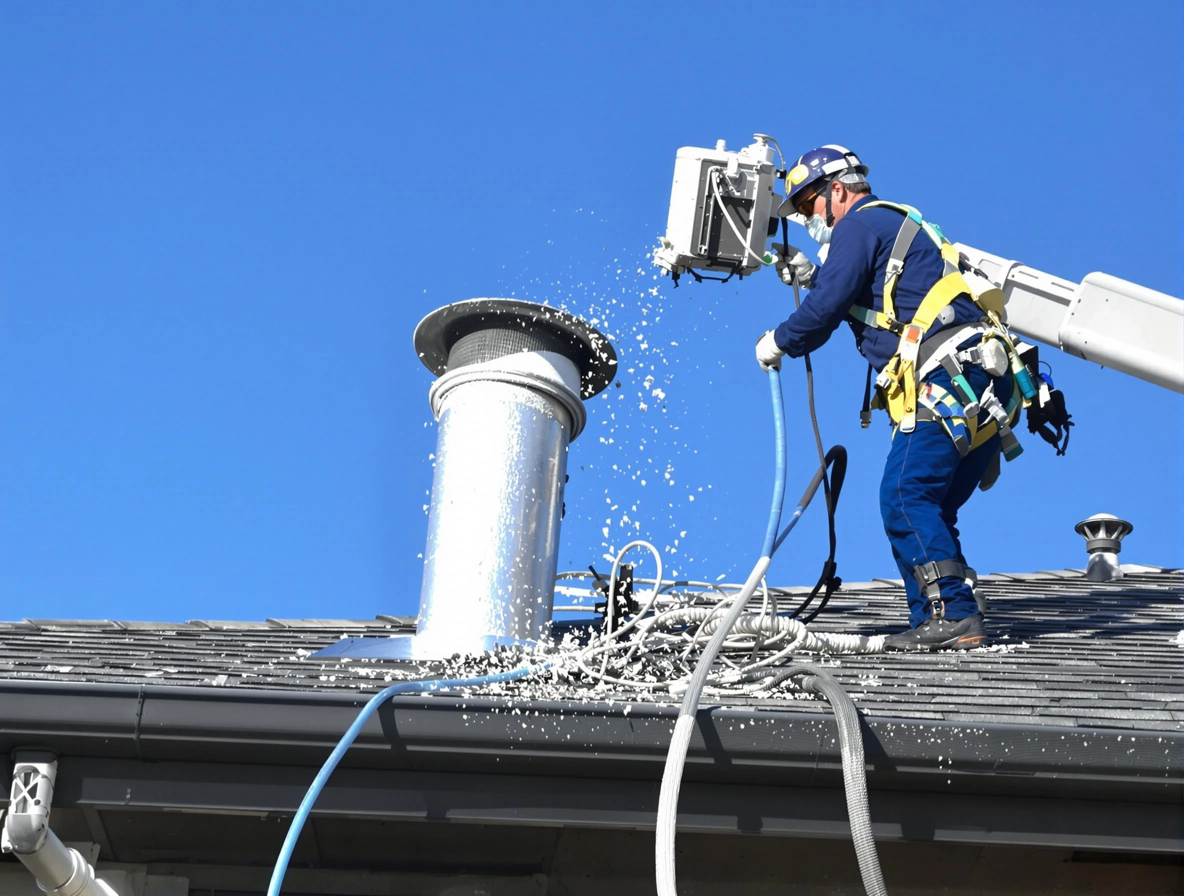 Piedmont Dryer Vent Cleaning certified technician safely cleaning a roof-mounted dryer vent in Piedmont